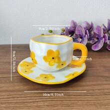 Set Cangkir dan Piring Keramik Underglaze Motif Bunga Lukis Tangan 300ml, Set Cangkir Teh Sore & Set Cangkir dan Piring Kopi - Pola bunga berwarna oranye-kuning - View 2