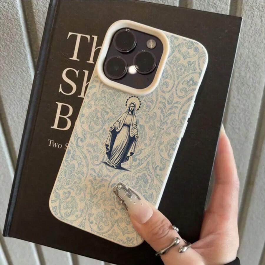1pc TPU Material Vintage Distressed Blue Pattern Virgin Mary Phone Case Compatible With IPhone 17 Pro Max/17/16 Pro Max/15/13/12/11/ S20 FE/A15/S24/A55/ Note 11/Note 12/Note 13 Pro Full Coverage Anti-Drop Soft Shell Protective Cover - White - View 1