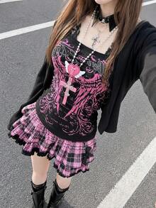Fashion Wing Print Rhinestone Decor Lace Patchwork Halter Top Black Summer - Black - View 1