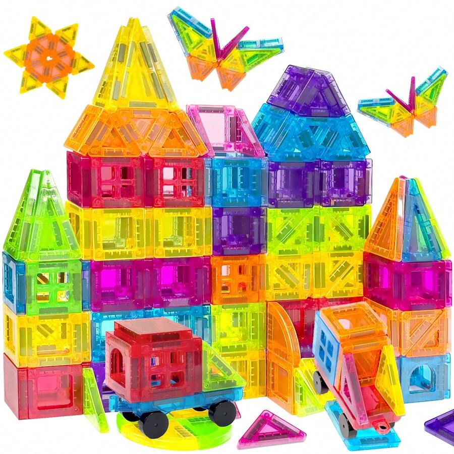 Mini Magnetic Building Blocks Kids Construction Toy, 30/60/100pcs With Car Base Magnetic Toy, Colorful Magnetic Blocks Kids Educational Magnet Toy Set, Creative Toy Gift, Suitable For Boys And Girls 3 Years And Above, Random Color - Multicolor - View 1