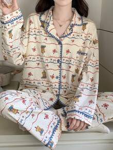 2pcs/Set Women's Pajamas Spring/Autumn Long Sleeve Long Pants Skin-Friendly Homewear Cute Puppy Print Open Front Set - Multicolor - View 1