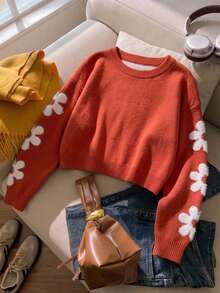 Tween Girls Cute Floral Short Knit Pullover Sweater, Long Sleeve, Suitable For Casual Wear In Spring And Autumn - Orange - View 2