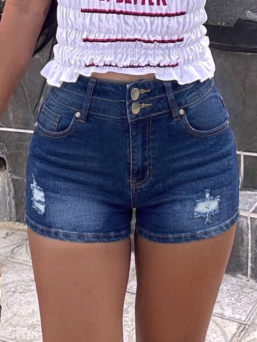 Women's Casual Distressed Denim Shorts With Pockets And Button Decor, Slightly Stretchy Straight Leg Fit, Suitable For Summer Wear