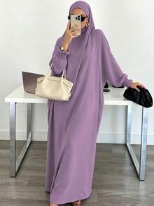 Solid Color Loose One-Piece Hijab Long Robe, Elastic Ribbed Cuffs Wide Sleeve Elegant Jilbab Robe, Muslim Women Daily Prayer Casual Outfit - Multicolor - View 11