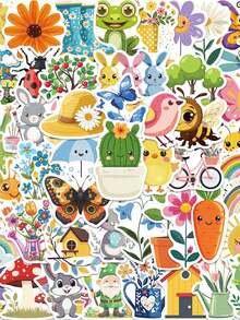 50pcs/Pack Cute Spring Summer Insect Plant Stickers, Decorative Decals For Laptop Guitar Luggage Notebook Phone Stationery Sticker - Multicolor - View 1