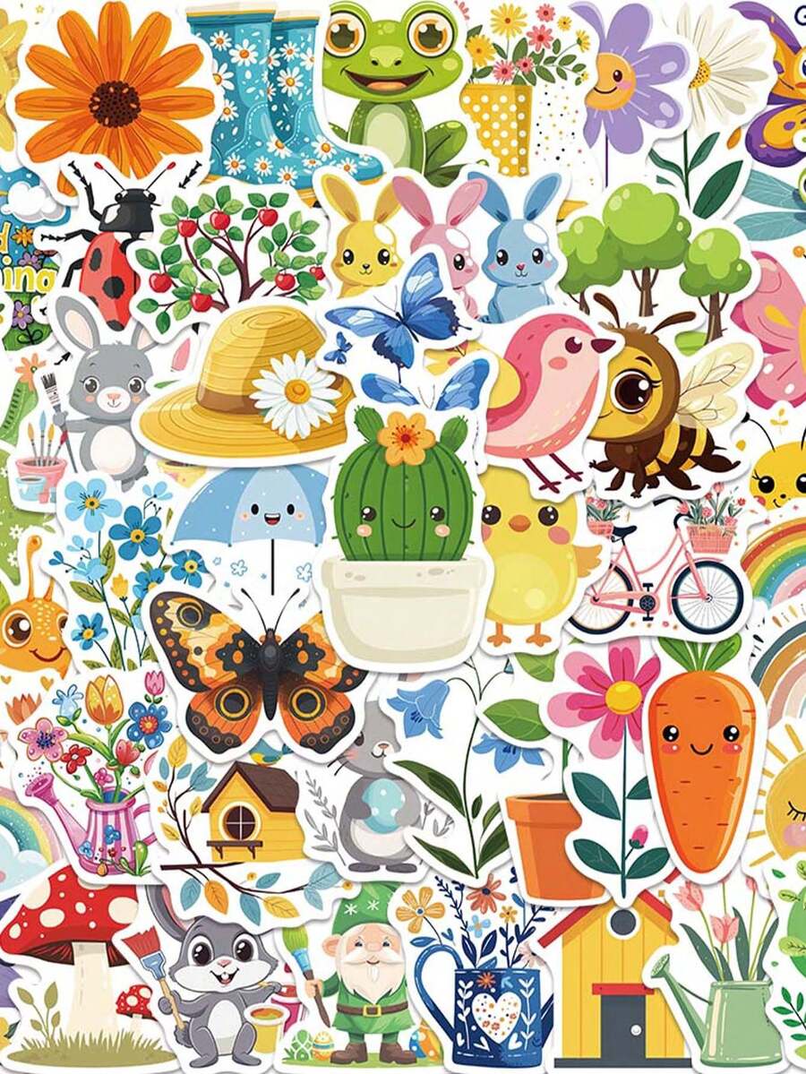 50pcs/Pack Cute Spring Summer Insect Plant Stickers, Decorative Decals For Laptop Guitar Luggage Notebook Phone Stationery Sticker - Multicolor - View 1