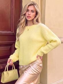 Nicenter Women's Fall Winter Pastel Yellow Vertical Rib Wool Blend Crew Neck Drop Shoulder Long Sleeve Knit Sweater, For Office Daily Home Date - Yellow - View 1