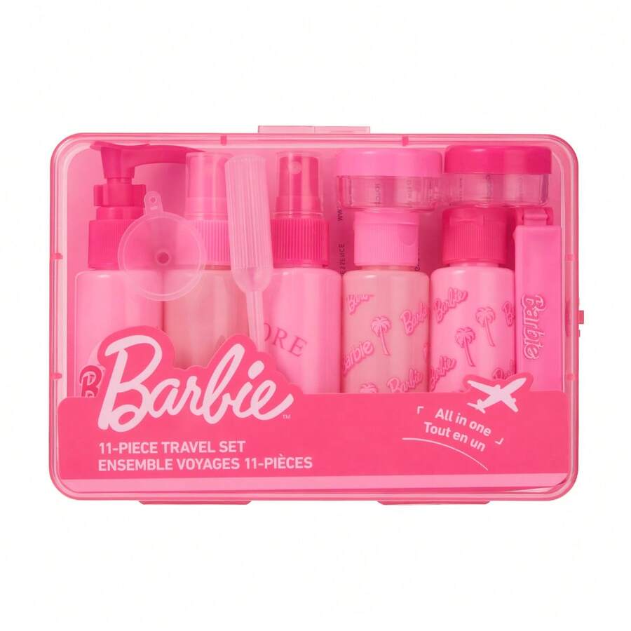 Miniso Set Botol Perjalanan Barbie 11 Buah Warna Pink, Wadah Kosmetik Isi Ulang, Perlengkapan Mandi Portabel dengan Kotak Penyimpanan, Perlengkapan Perjalanan untuk Sampo dan Losion - Berwarna merah muda - View 1