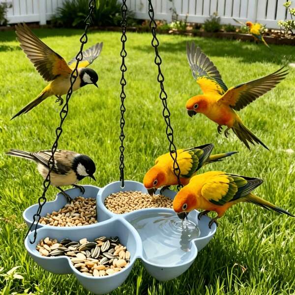 1pc Blue Clover Shaped Hanging Bird Feeder, Outdoor Yard Wild Bird Feeding Tray, Universal Pet Parrot Water And Food Dispenser, With Chain Easy To Clean, Easily Create A Bird Watching Paradise