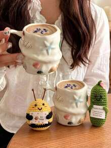 300ml Creative Summer Shell Embossed Ceramic Coffee Cup And Inspirational Decor Set/Single Item, Pure Handmade Hand-Painted Ceramic Mug, Cute Niche Drinking Cup, Latte Art Cup, Girly Gift Cup, Vintage 3D Hand-Painted Casual Cup, Starfish Shell Asymmetrical Ceramic Mug, Creative Tea Cup - Multicolor - View 3