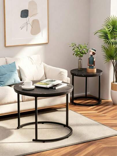 2 Tables d'appoint rondes imbriquées - Convient pour les salons, les chambres et les balcons, imperméable, résistant aux rayures et facile à nettoyer, durable et compatible avec divers scénarios de la maison