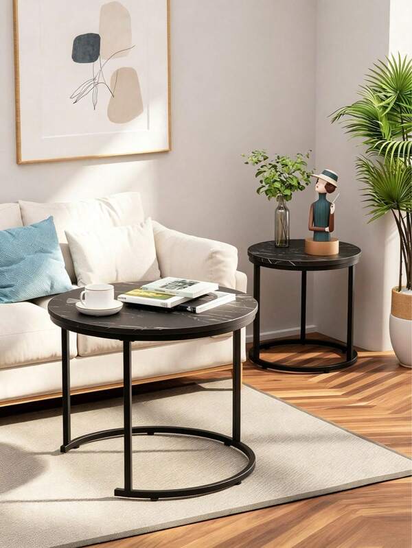 2 Round Nested Side Tables - Suitable For Living Rooms, Bedrooms And Balconies, Waterproof, Scratch-Resistant And Easy To Clean, Durable And Compatible With Various Home Scenarios