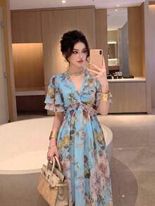 女款新款優雅浪漫花卉修身喇叭裙 夏季 - 淺藍色 - 查看 2