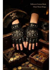 Pirate Skull Rivet Half-Finger Leather Gloves Unisex Couple Outdoor Gear Suitable For Hiking Cycling Driving Autumn Winter Sports Street Gathering Mot - Pirate Black - View 2