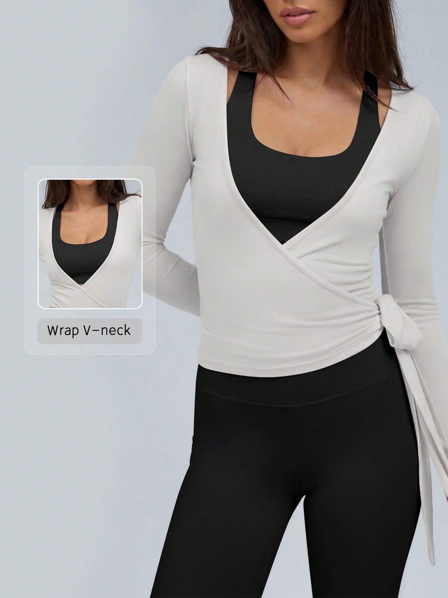 NcmRyu Women's 1pc Solid Color Wrap Cross V-Neck Side Long Tie Knot Fitted Long Sleeve Cover-Up - White - View 1