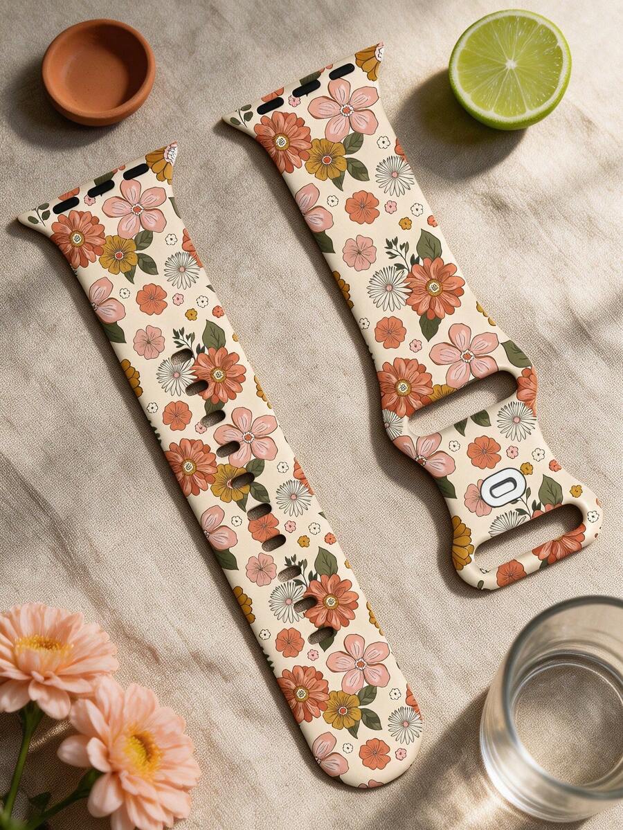 Bohemian Floral Print Silicone Watch Band, Compatible With Apple Watch 40mm 41mm 42mm 44mm 45mm 46mm 49mm Models, Fashion Soft Casual Sports Waterproof Rivet Buckle Strap, Suitable For Apple Watch Series Ultra/11/10/9/8/7/6/5/4/SE, Floral Element Men's Women's Smartwatch Band - UV037-multi-color - View 1