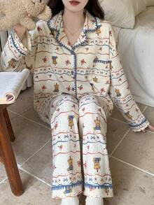 2pcs/Set Women's Pajamas Spring/Autumn Long Sleeve Long Pants Skin-Friendly Homewear Cute Puppy Print Open Front Set - Multicolor - View 7
