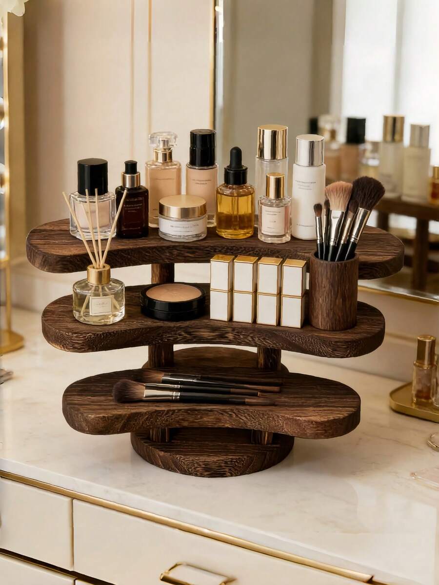 1pc Vintage Carbonized Wooden 3-Tier Desktop Storage Rack, Vertical Shelf, Jewelry Display Stand, Wooden Tray Holder, Wooden Tray, Cosmetics Perfume Accessories Display Rack, Tea Ceremony Storage Rack, Suitable For Restaurant, Kitchen, Hotel, Home Storage