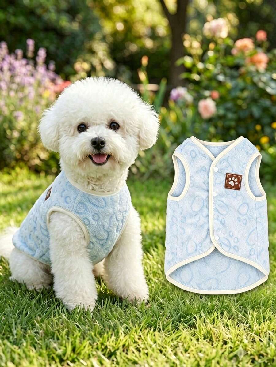 Soft Comfortable Blue Paw Print Fleece Vest For Autumn/Winter, Suitable For Small And Medium Puppies And Kittens, Like Teddy, Bichon Frise, Suitable For Indoor Wear (Not Suitable For Large Dogs) - Baby Blue - View 1