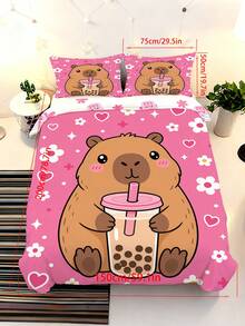 2/3PCS Capybara Bubble Tea Duvet Cover Set, Cute Cartoon Animal Bedding, Pink Heart Floral Print Bed Set For Girls - Multicolor - View 11