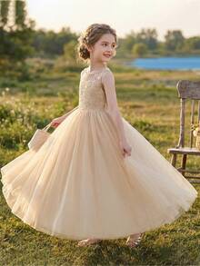 Tween Girl Champagne Color Flower Girl Dress With Open Back For Wedding - Champagne - View 2