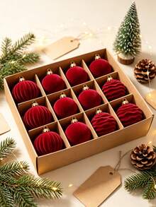 12pcs/Set Burgundy Christmas Balls, Red Flocked Christmas Balls, Christmas Tree Decor Balls, Christmas Decorations, Christmas Hanging Decor, Christmas Party Decor, Christmas Home Decor, Christmas Room Decor, Indoor/Outdoor Christmas Decor, Christmas Party Supplies, Christmas Eve Decor, Christmas Stocking Fillers, Xmas Decor, Winter Decor, Christmas Gifts, Christmas Party Bag Fillers, Party Favors, 2027 New Year - Red - View 9