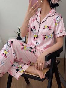 Disney 2-Piece Set Cartoon Print Casual Versatile Short Sleeve Button-Front Top Elastic Waist Long Pants Women's Pajama Set Suitable For All Seasons Home Wear - Pink - View 5