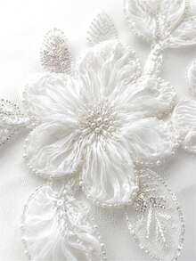 1pc White 3D Chiffon Floral Beaded Applique, Sheer Tulle Flower Patch, Sew On Motif For Wedding Gown Evening Dress - White - View 6