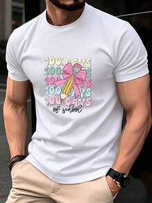 100 Days Of School Unisex T-Shirt, Gradient Print With Pencil Bow Star, Back-To-School Teacher Apparel, Machine Washable - 白色 - 查看 1
