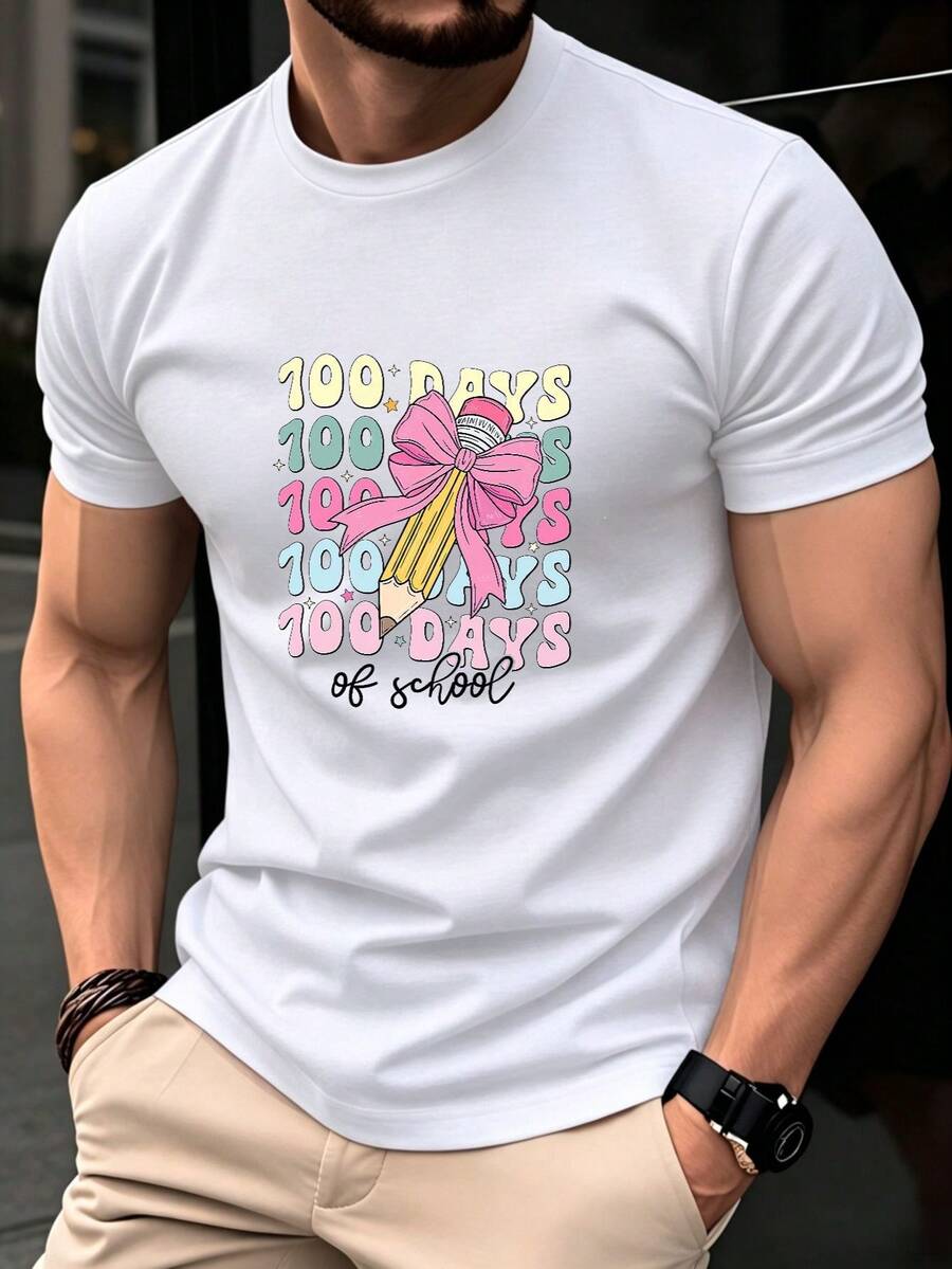 100 Days Of School Unisex T-Shirt, Gradient Print With Pencil Bow Star, Back-To-School Teacher Apparel, Machine Washable - 白色 - 查看 1