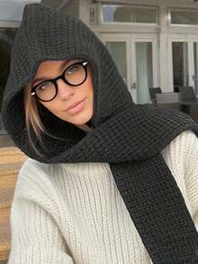 1pc Women's Fashion Solid Color Black/Beige/Khaki/Brown Knitted Pattern Warm Hooded Scarf, Suitable For Dating, Outings, Daily Wear - Multicolor - View 1