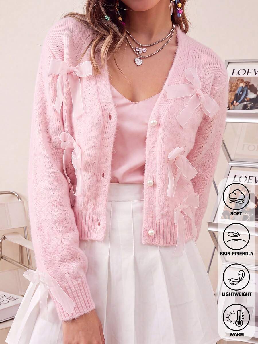 Women's Bow Decor Knit Cardigan - Pink - View 1
