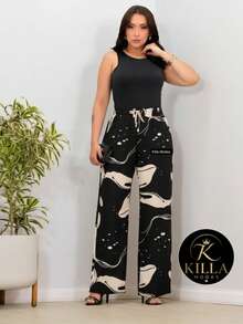 DUNA Fabric Pants With Lining, Pocket And Elastic Waist - 黑色/淺米色抽像印花 - 查看 1