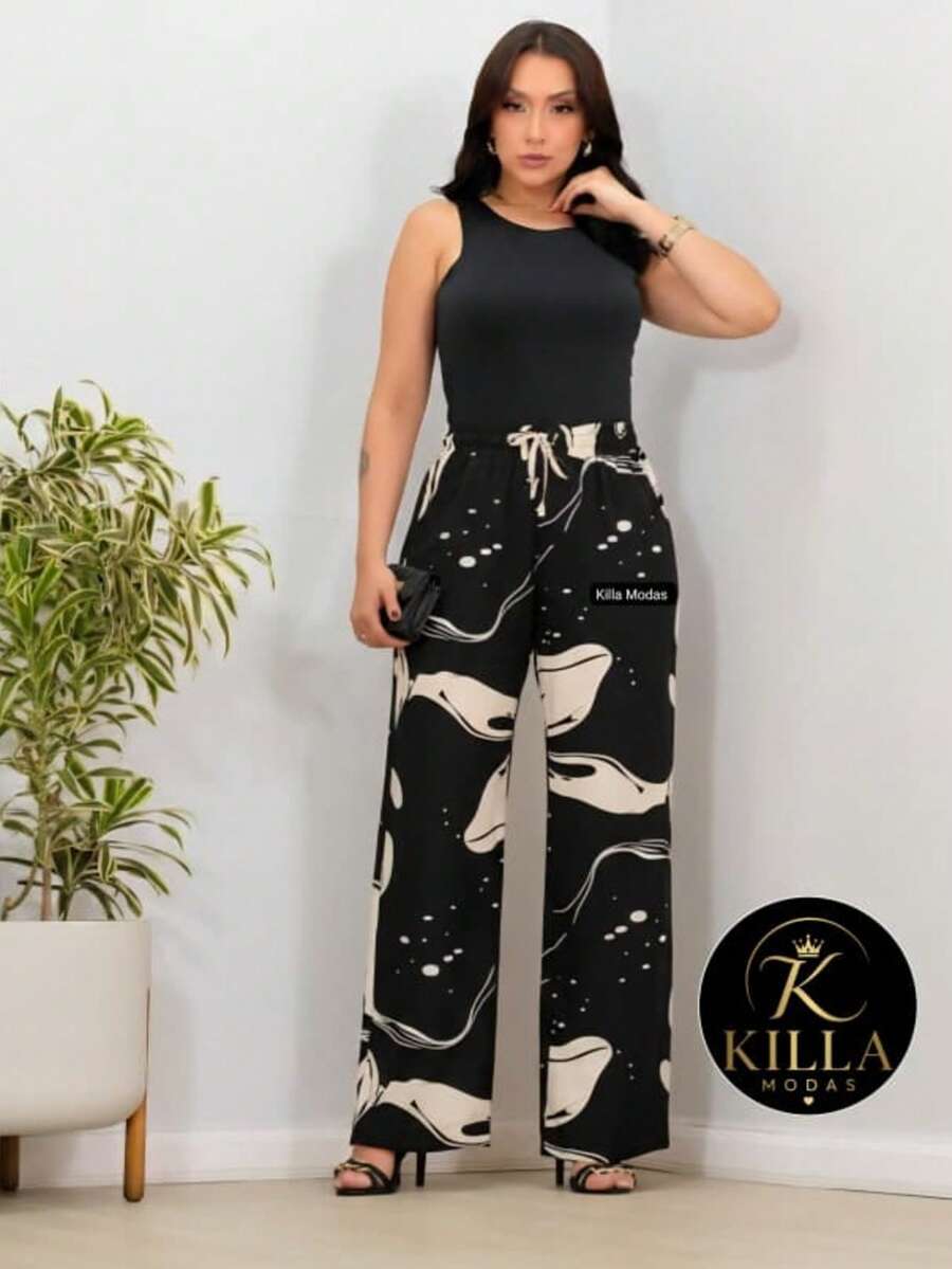 DUNA Fabric Pants With Lining, Pocket And Elastic Waist - 黑色/淺米色抽像印花 - 查看 1