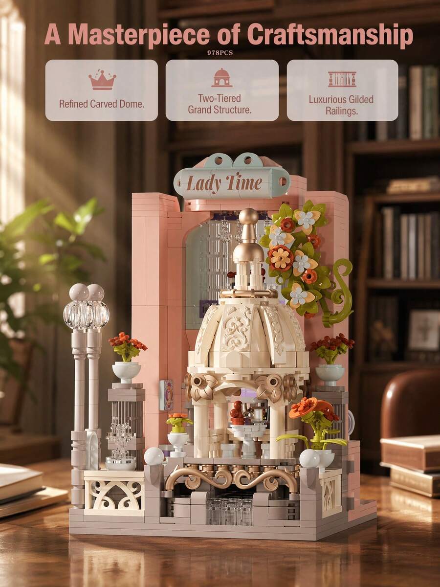 978pcs Pastel European Pavilion Architecture Set, Adult Vintage Luxury Courtyard Building Model, Living Room Side Table And Bookshelf Decor, Exquisite Gift For Women, Choice For Architectural Miniature Model Collectors - Multicolor - View 1