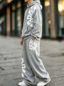 HEYKESON Men's Letter Print Hoodie & Wide Leg Sweatpants 2 Pieces Loose Streetwear Sports Set - Light Grey - View 3