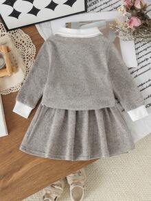 2pcs Baby Girl Casual Soft Commuter Style Lapel Long Sleeve Top & Matching Fabric Elastic Pleated Skirt Set, Suitable For Spring Autumn Daily Outings - Grey - View 3