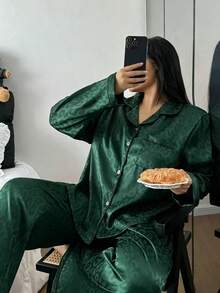 大尺碼女款豹紋提花長袖長褲睡衣套裝，黑色與紅色 - 綠色 - 查看 3