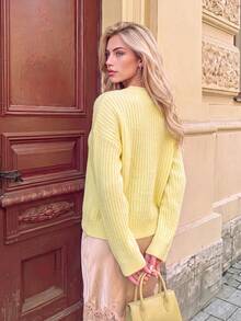 Nicenter Women's Fall Winter Pastel Yellow Vertical Rib Wool Blend Crew Neck Drop Shoulder Long Sleeve Knit Sweater, For Office Daily Home Date - Yellow - View 2