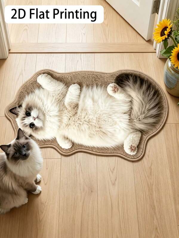 2D Flat 1pc Cute Cat Pattern Kitchen Mat, Faux Cashmere Water-Resistant Home Bathroom Mat, Small Kitchen Entrance Mat, Suitable For Laundry Room, Game Room, Hallway, Farmhouse, Patio, Balcony, Porch, Indoor/Outdoor Entrance Door Decor Mat, Bathroom Bedroom Living Room Dining Room Decor, Room Decor, Home Decor, Home Gift Welcome Mat, Birthday Gift, Party Gift, All Seasons
