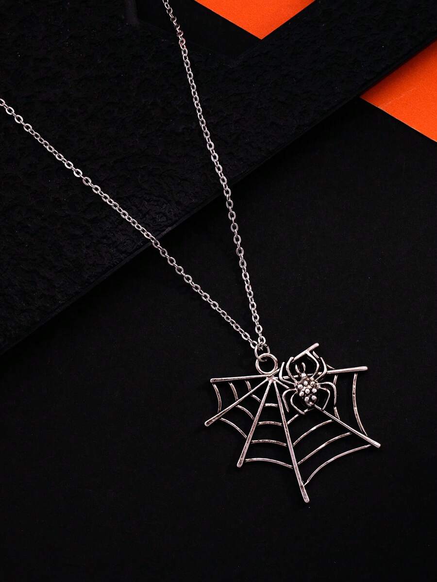Punk Dark Gothic Spider Web Pendant Necklace, Niche Personalized Versatile Streetwear Ins Neck Accessory, Subculture - Silver - View 1