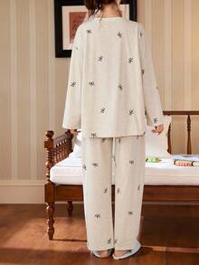 Gongdie 2pcs Snoopy Women's Pajama Set, Spring/Autumn Soft Cotton Loungewear In Grey Floral, With Cartoon Pattern And Bow Print - Light Grey - View 6