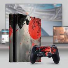 Red Moon Maple Leaf Samurai Japanese Style Vinyl Skin Sticker Compatible With PS4 Slim Console + Controller Full Coverage Waterproof Scratch-Resistant Dust-Proof Removable No Residue - View 4