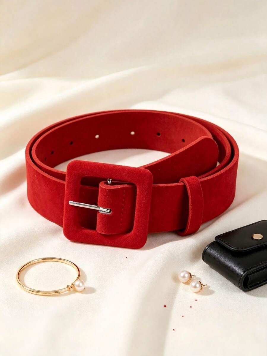 APLCSEY 1pc Women's PU Leather Suede Belt With Metal Buckle, Fashion Casual Street Style, Suitable For Daily Use In Autumn, Autumn, Halloween - Red - View 1
