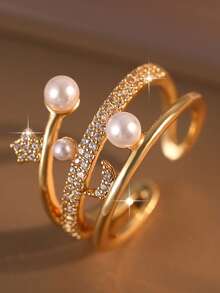 jealous young 2pcs/1pc Luxury Multi-Layer Women Ring Set, Fashion Heart & Moon Star Pearl Inlaid Cubic Zirconia Jewelry For Daily Wear, Date, Travel, Wedding, Party - Gold - View 6