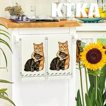 2pcs Cute Creative Cat Kitchen Dish Cloths, Hugging Kitten & Fish Bone Print Kitchen Cleaning Cloth Set, Perfect For Cat Lovers - Multicolor - View 6