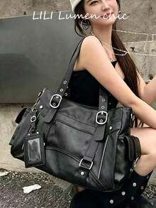 Minimalist Dark Street Style Tote Bag, Silver Hardware Buckle And Side Zipper Decor Large Capacity Handbag, Perfect For Cool Daily Outfits - Black - View 4