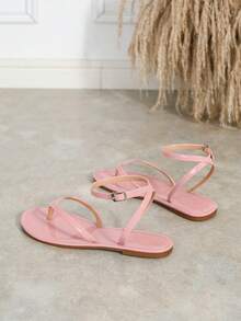 Sandal Kulit Paten Wanita Model Thong Strap Silang Ujung Bulat, Sandal Datar Musim Panas Minimalis dan Serbaguna - Watermelon Pink - View 7