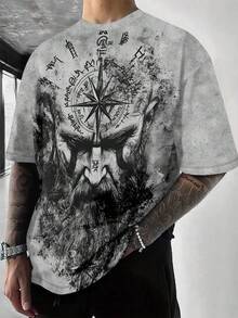 大尺碼男士復古骷髏印花時尚寬鬆圓領短袖T恤 - 灰色 - 查看 4