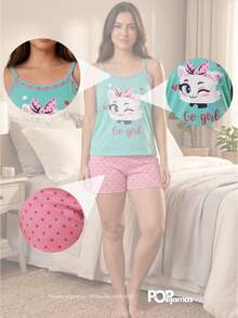 Pijama Feminino Verão Confortável LUXO Bichinhos Fofos Conjunto Baby Doll Blogueira Festa De Dormir - Azul menta - Visão 2